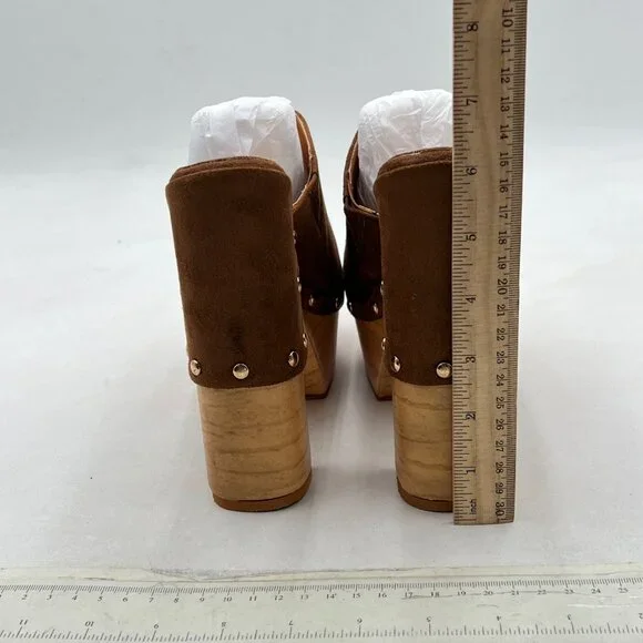 FSJ Brown Suede Round Toe Mules High Chunky Heeled Sandals Slip On Platform Shoe - Picture 5 of 8